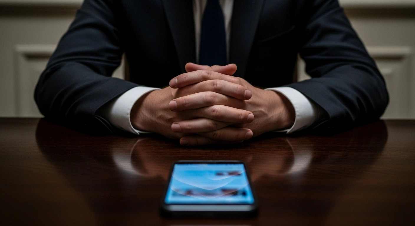 A close-up shot shows a man's clasped hands resting on a dark table, illuminated by a harsh overhead light, with a glowing mobile phone screen in the foreground, representing the charges of possessing violent extremist material following an investigation by the Australian Federal Police and Australian Border Force.