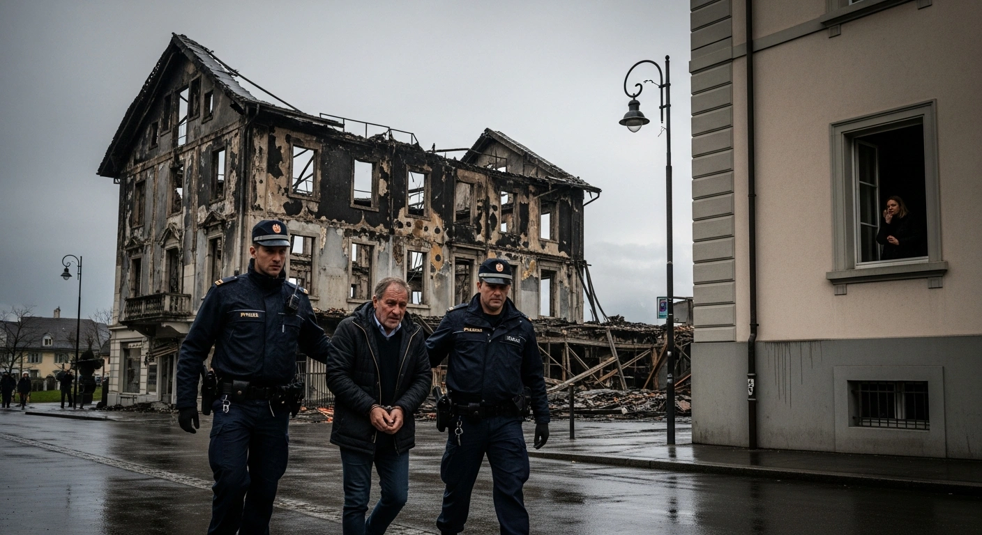 Jacques Moretti, co-owner of 'Le Constellation' bar in Crans-Montana, Switzerland, is depicted being arrested by police on a rain-slicked street in front of the charred remains of a building, while his wife, Jessica Moretti, watches from a window, following a New Year's Day fire that caused numerous fatalities and injuries.