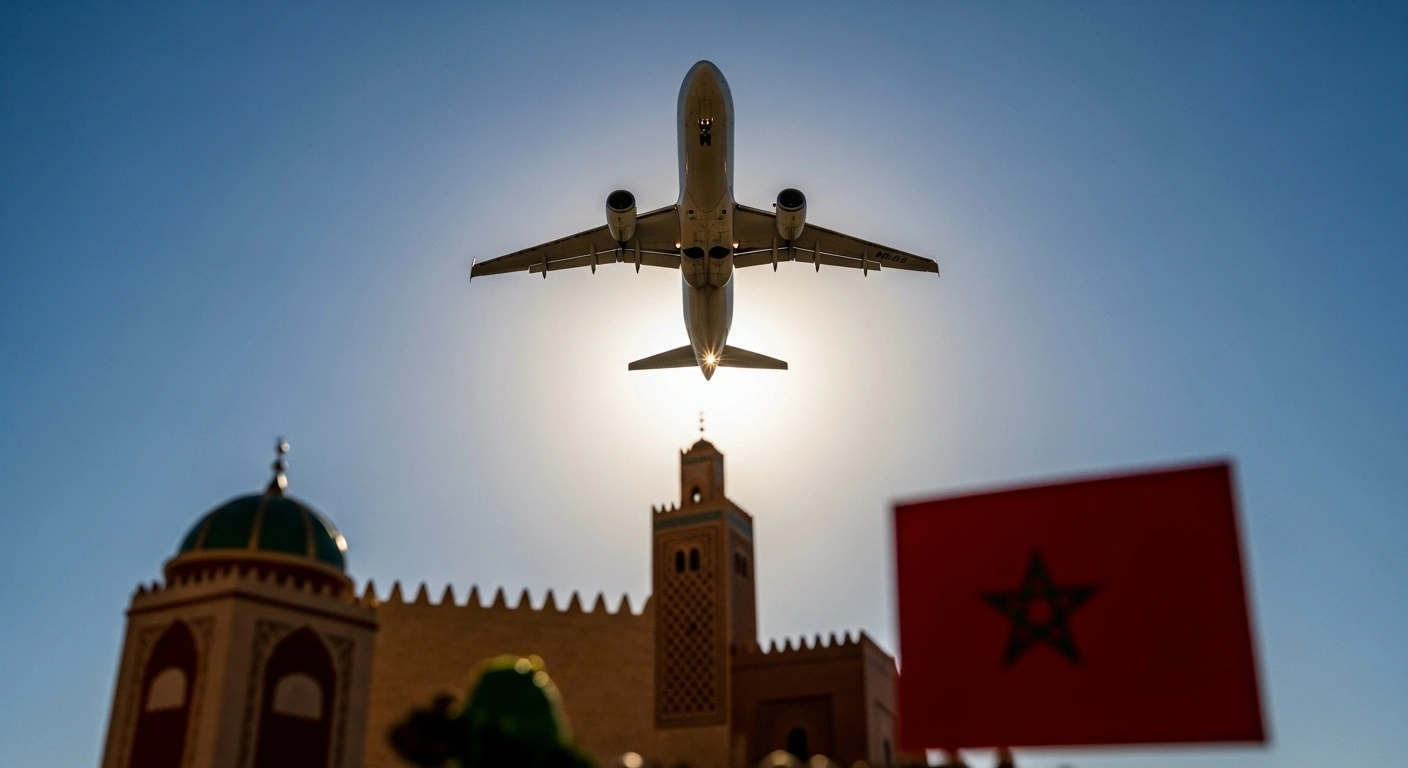 A modern passenger jet ascends into a clear blue sky, silhouetted against the golden sun, with blurred Moroccan architectural details and colors in the foreground, representing Morocco's election to the International Civil Aviation Organization (ICAO) Council and its role in global civil aviation.
