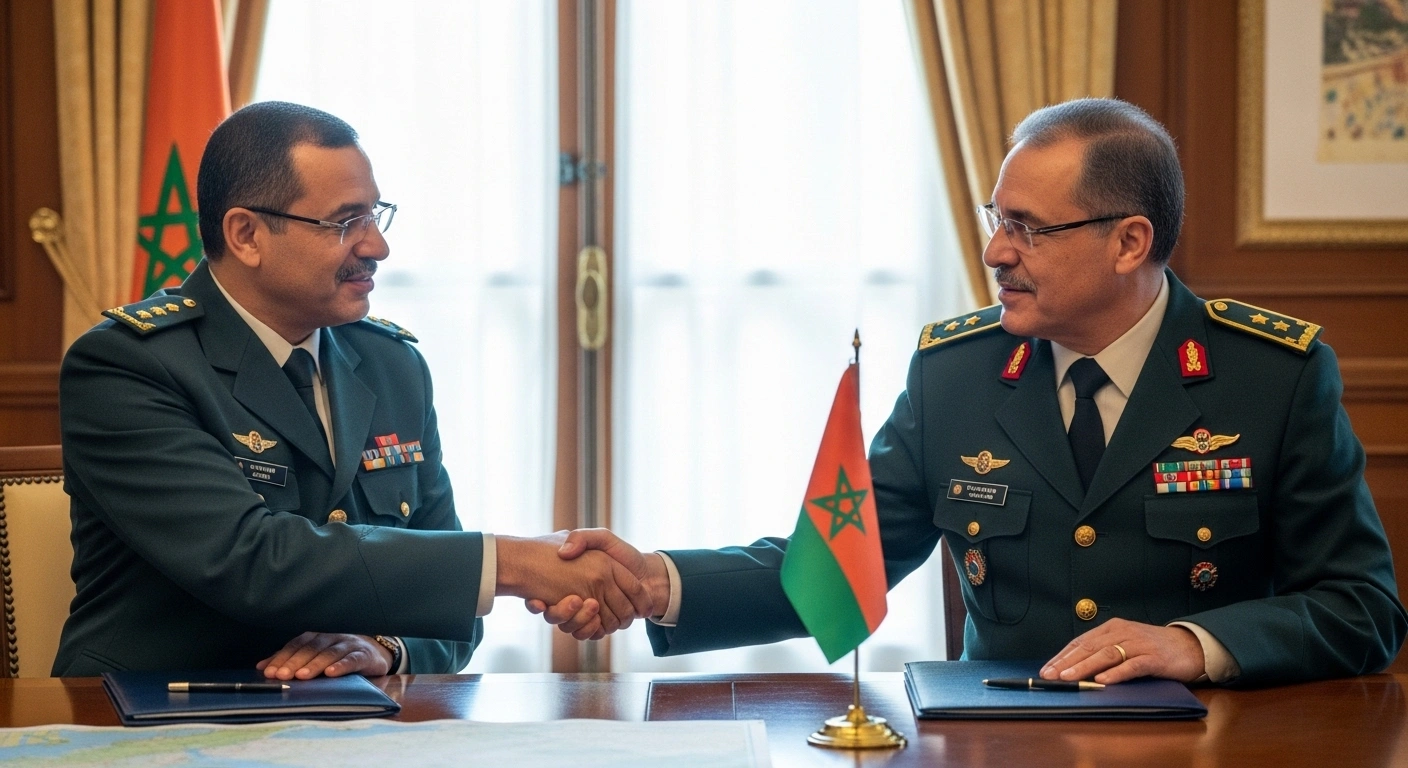 Major General Moussa Salaou Barmou, Niger's Chief of Staff, and Lieutenant General Mohammed Berrid of Morocco, shake hands in a formal meeting room in Rabat, symbolizing reinforced military cooperation and strategic discussions.