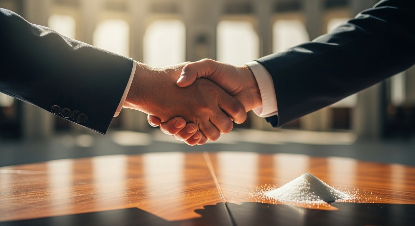 Two hands, one olive-toned and one fairer, are clasped in a firm handshake across a polished table, with a small pile of white sugar crystals in the foreground, symbolizing the finalized negotiations between Morocco and Türkiye on agricultural product exports, including sugar, to reduce Morocco's trade deficit.