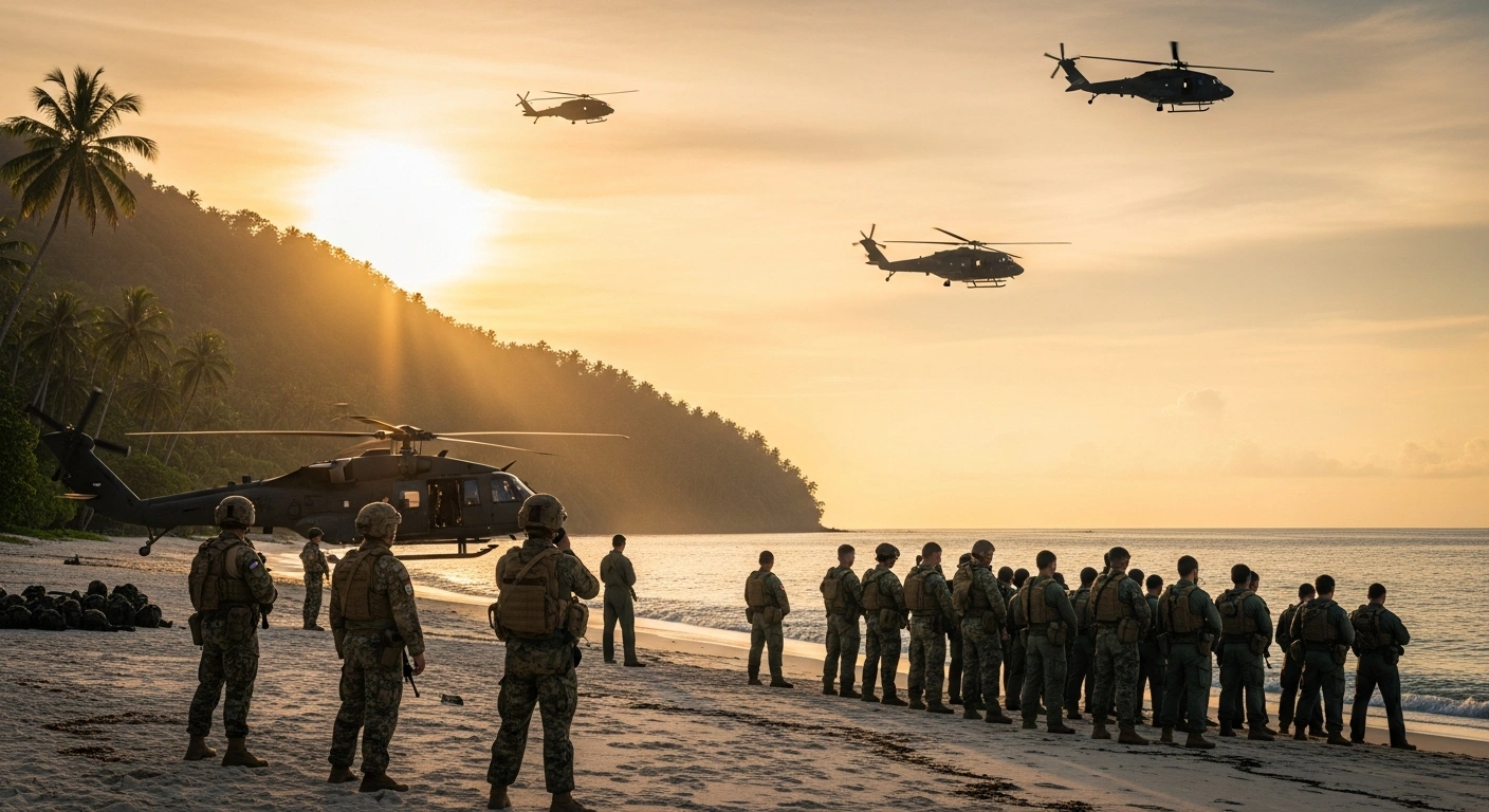 International soldiers stand on a beach on Morotai Island during a military training exercise as part of Indonesia's new defense cooperation initiative.