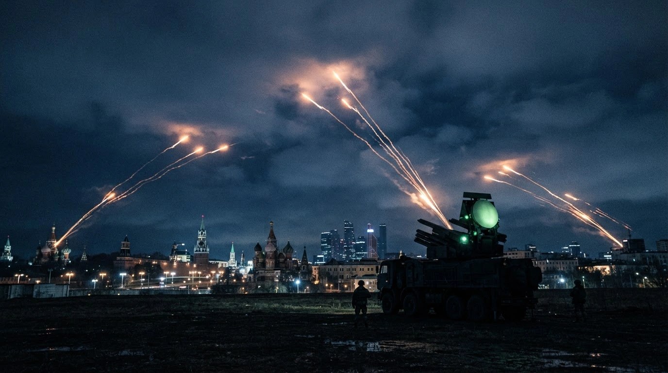 Russian air defense systems fire tracer rounds into the night sky over Moscow to intercept incoming drones.