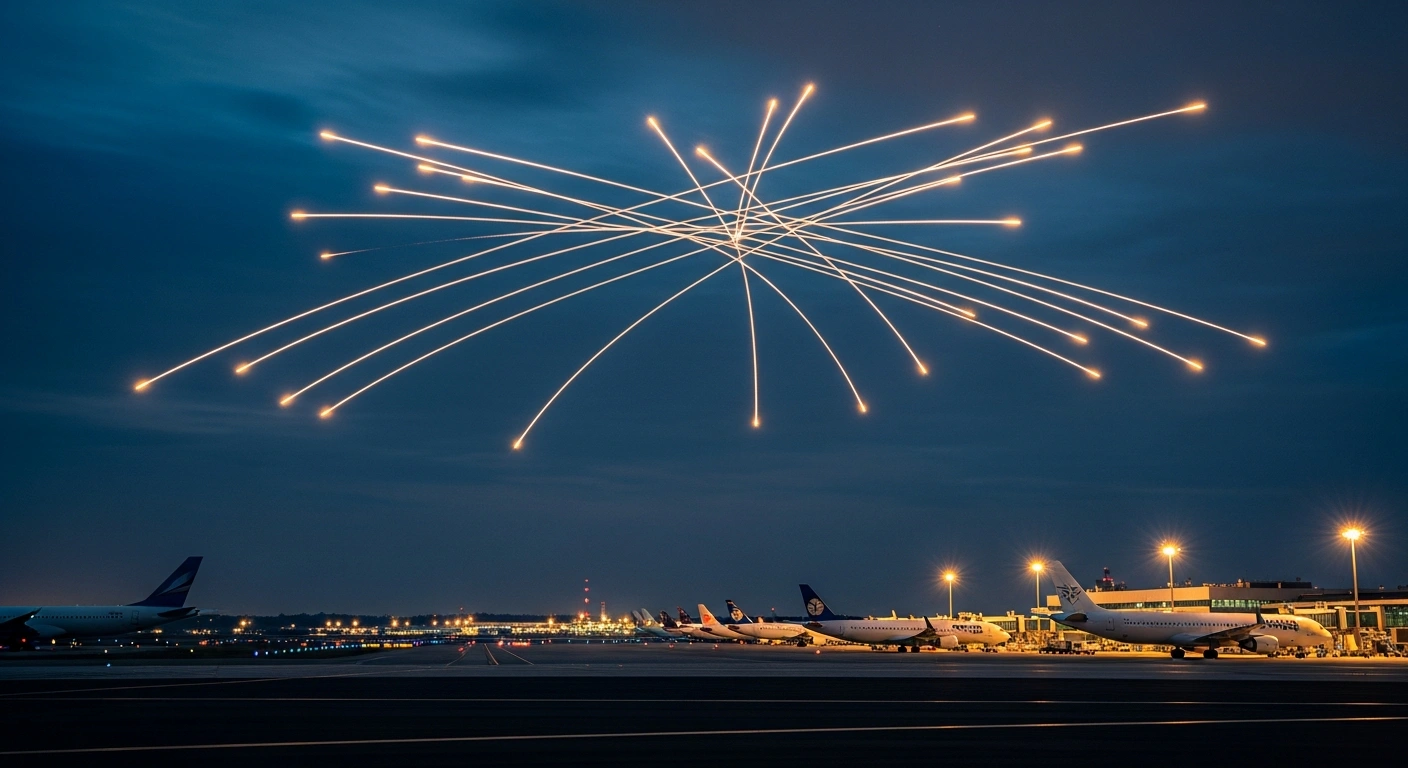 Anti-aircraft tracer fire illuminates the night sky over a Moscow airport during a drone attack interception.