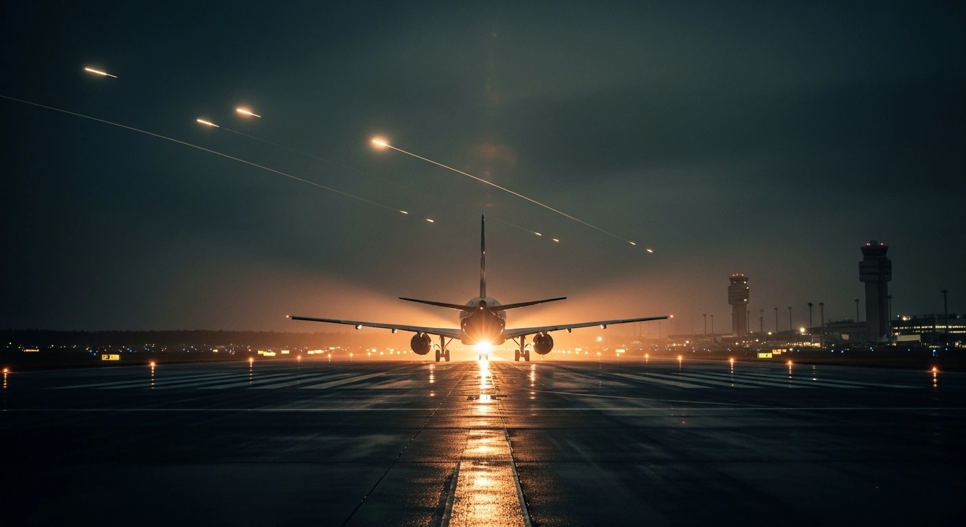 A commercial airplane sits on a dark, wet runway at a Moscow airport during flight restrictions caused by a drone attack.