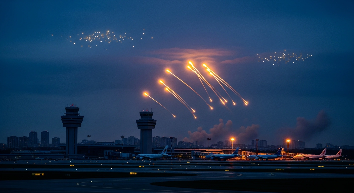 Air defense systems intercept incoming drones over Moscow airports, causing a temporary suspension of flight operations.