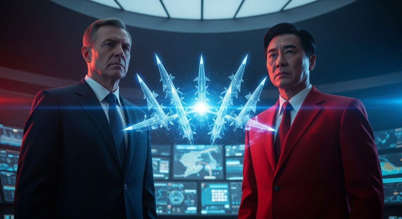 Two figures, representing Moscow and Beijing, stand in a high-tech command center, observing a holographic projection of a missile defense system, symbolizing their in-depth talks on strategic stability and shared concerns over US President Donald Trump's proposed 'Golden Dome' missile shield and nuclear weapons testing.