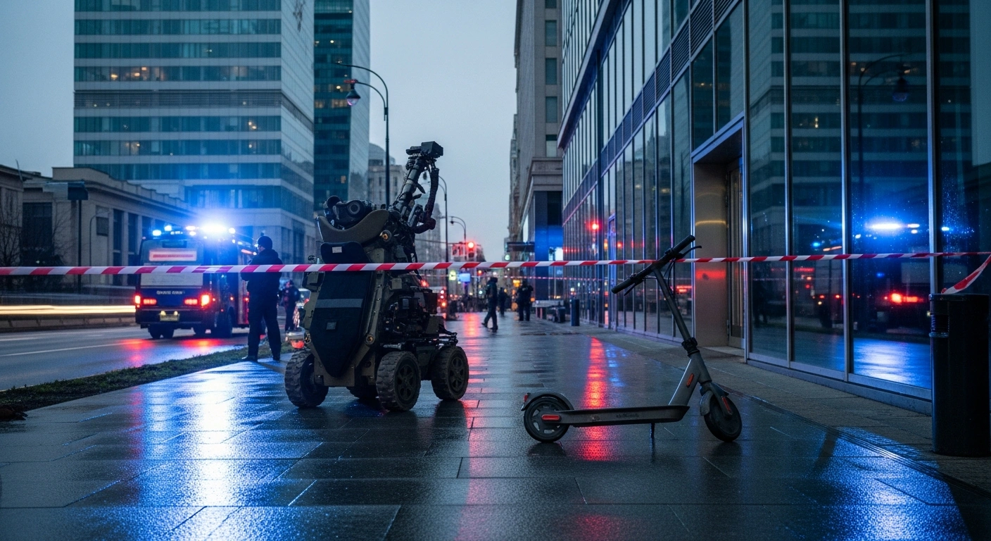 A bomb disposal robot inspects an improvised explosive device found on a scooter near a business center in Moscow during an FSB security operation.
