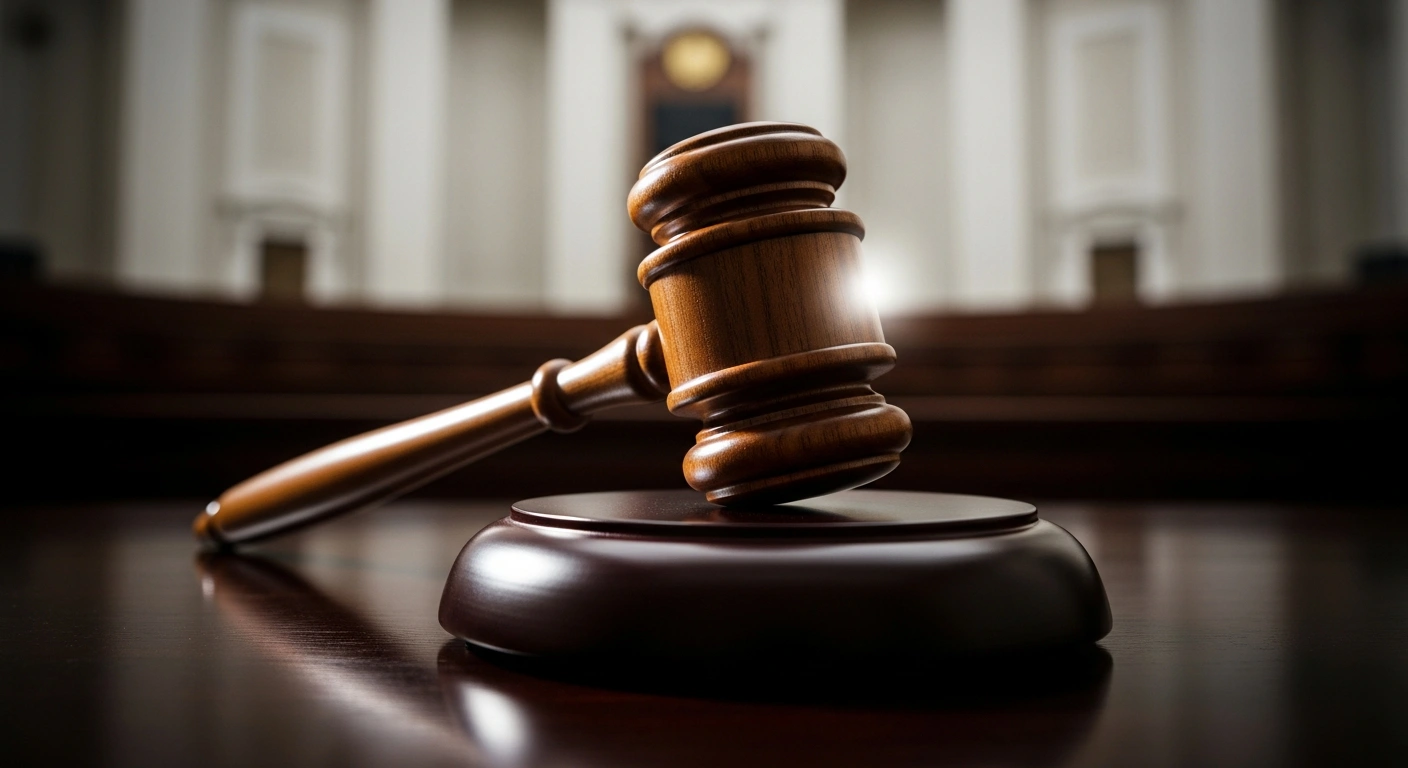 A close-up shot of a heavy, ornate wooden gavel resting on a polished judicial bench, symbolizing the Moscow City Court's decision to ban the Azerbaijani organization VBON as an extremist entity within the Russian Federation.
