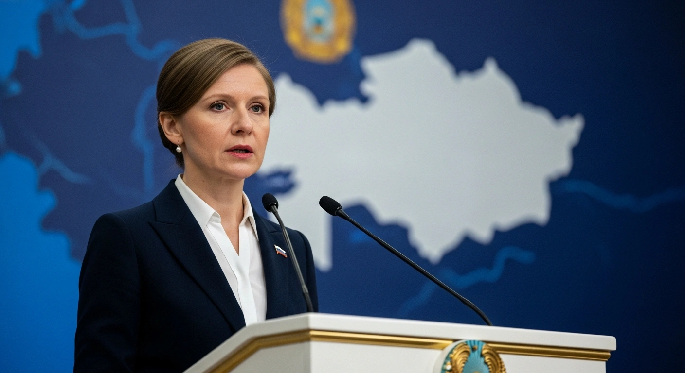 Russia's Foreign Ministry spokesperson Maria Zakharova stands at a polished podium with a resolute expression, illuminated by cool light, with a blurred map of Central Asia in the background, symbolizing the ministry's official distancing from controversial remarks.
