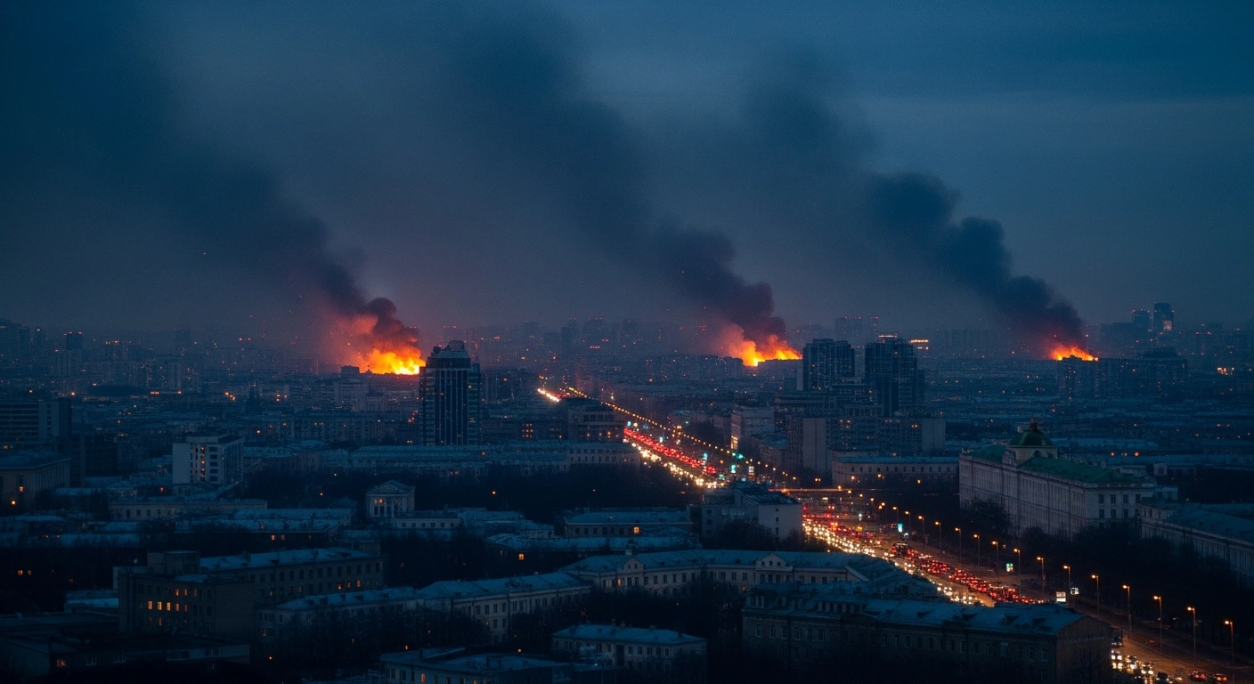 Emergency vehicles respond to a drone attack in the Moscow region that caused multiple casualties and fires.