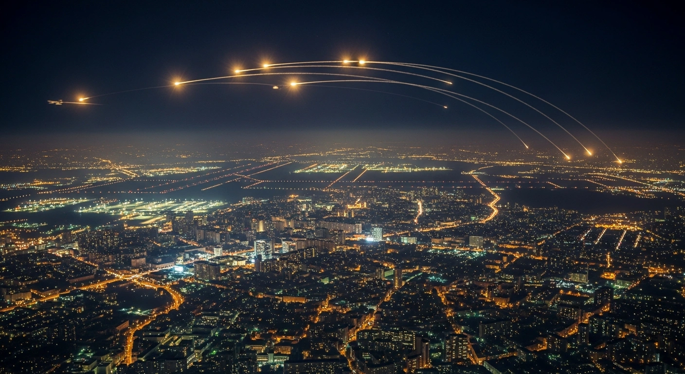 A dramatic night aerial view of Moscow shows streaks of anti-aircraft missiles intercepting drones over the city, with distant airport runways faintly lit, indicating disrupted air travel.