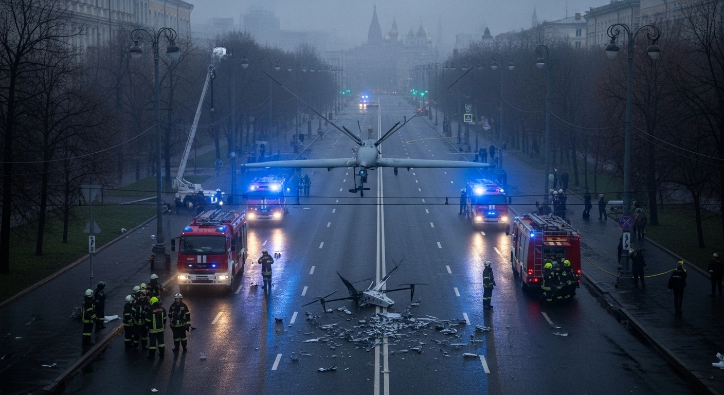 Emergency services personnel examine scattered drone debris on a Moscow street at dawn, following a successful interception by Russian air defense units, with no significant damage or casualties reported.