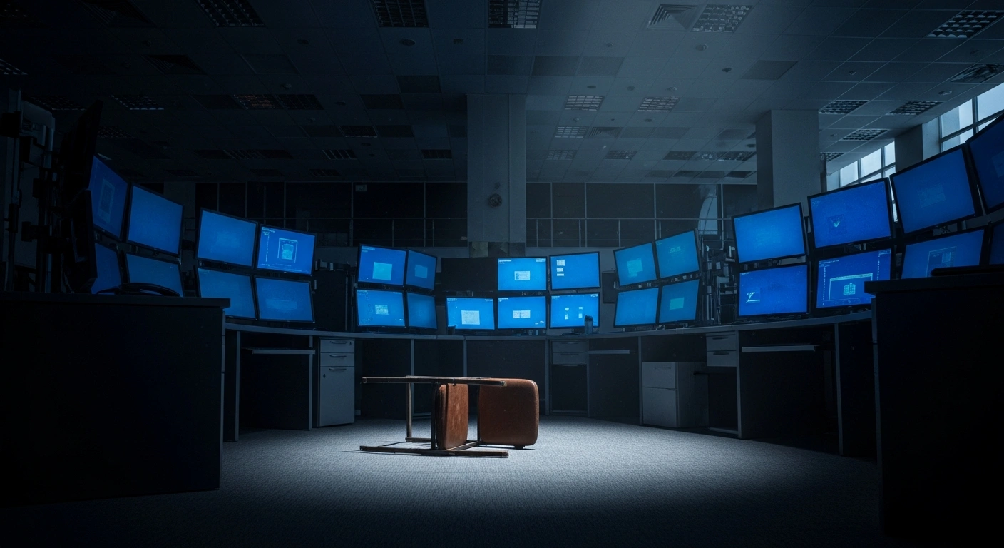 A dimly lit and empty Moscow trading floor represents the sharp decline of the Moscow Exchange Index due to economic instability.