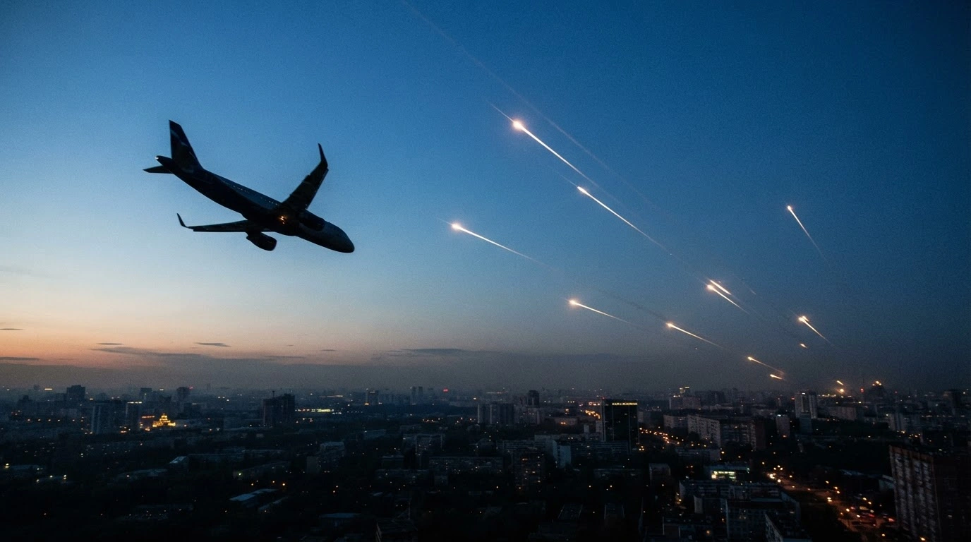 A commercial airliner changes its flight path away from Moscow as anti-aircraft fire illuminates the night sky during a drone attack.