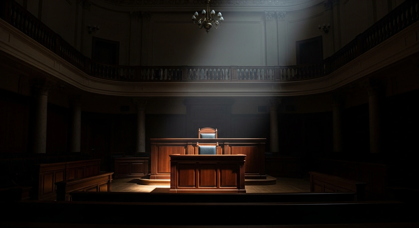 A dramatic, low-angle shot of a grand, empty courtroom, with a single shaft of light illuminating a polished, dark wooden judge's bench, symbolizing an in absentia sentencing by a Moscow court against ICC prosecutor Karim Khan and judges.