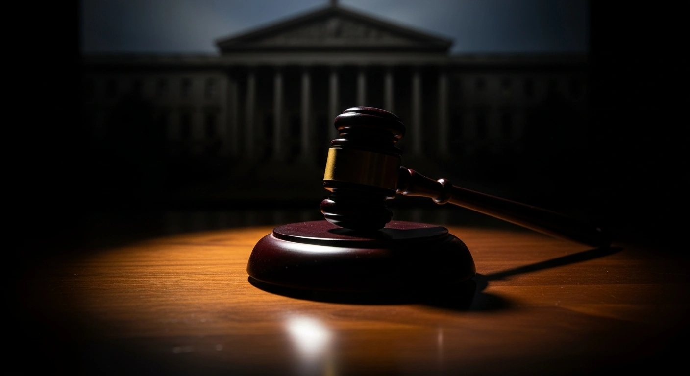 A dramatic, low-angle shot captures a heavy, ornate Russian-style gavel resting on a dark, polished wooden surface, with the imposing, shadowed silhouette of a grand classical building in the background, symbolizing the Moscow court's sentencing of ICC Prosecutor Karim Khan and eight ICC judges in absentia as a direct response to the ICC's arrest warrant for Vladimir Putin and Maria Lvova-Belova on war crimes charges.