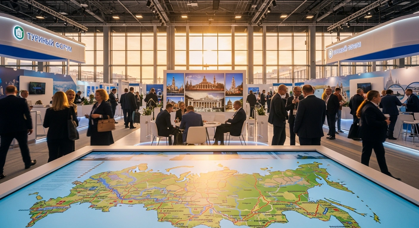 Attendees explore interactive travel exhibits and regional destination displays at the 6th International Tourism Forum in Moscow, Russia.