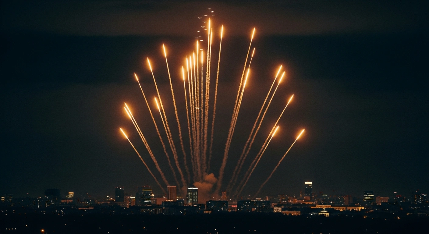 Russian air defense systems fire tracer rounds into the night sky to intercept multiple unmanned aerial vehicles over the Moscow region.
