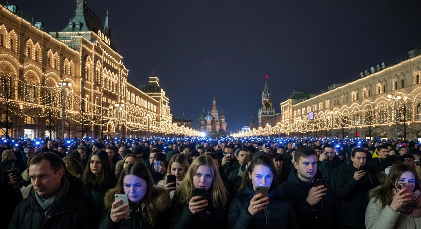 An elevated view of a bustling New Year's Eve street in Moscow shows citizens holding unresponsive mobile phones, their faces lit by the screens, symbolizing widespread anger over reported mobile internet disruptions due to security concerns related to drone attacks.