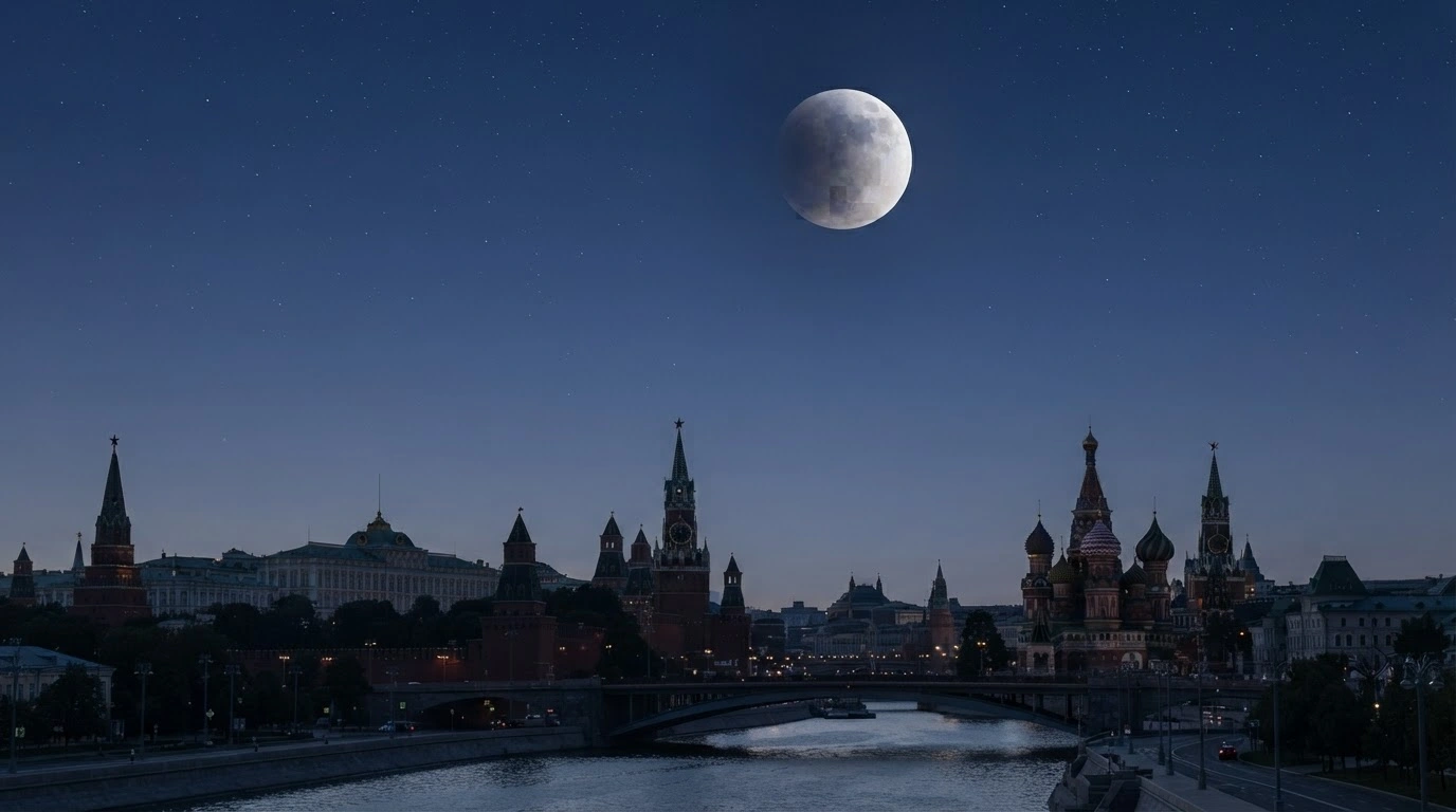 The moon undergoes a subtle penumbral lunar eclipse above the historic skyline of Moscow, Russia, on a clear night.
