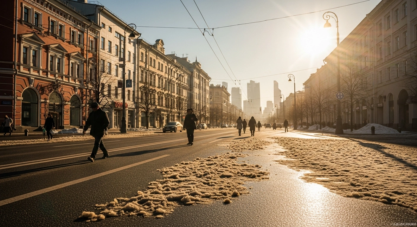 Pedestrians walk through a sunny Moscow street where melting snowbanks signify a record-breaking shift to spring heat across the Russian Federation.