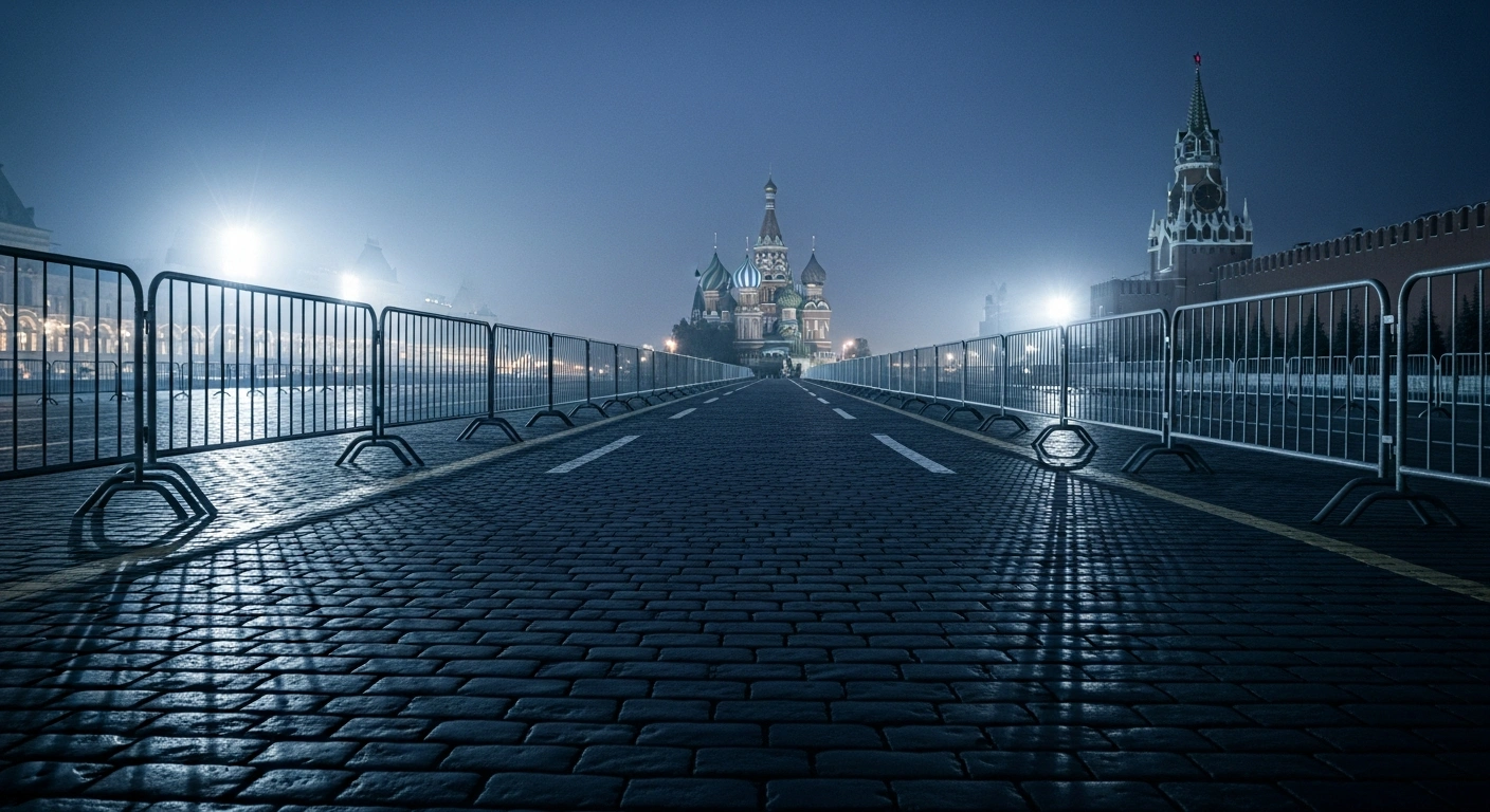 Empty Red Square in Moscow is cordoned off with security barriers in preparation for the Victory Day military parade.