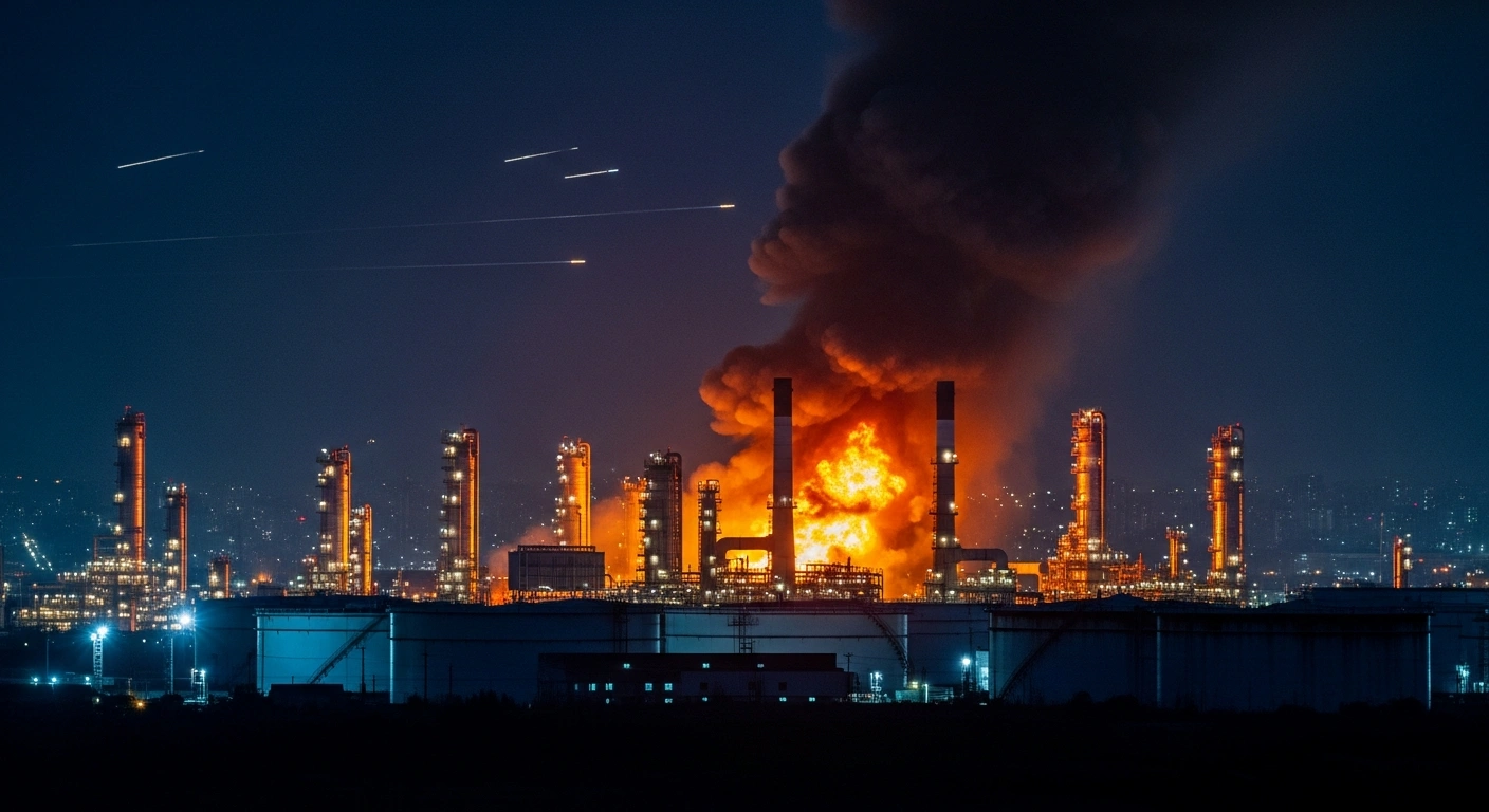 A large fire burns at a Gazprom Neft oil refinery in Moscow following a drone strike, with emergency crews working to contain the blaze.