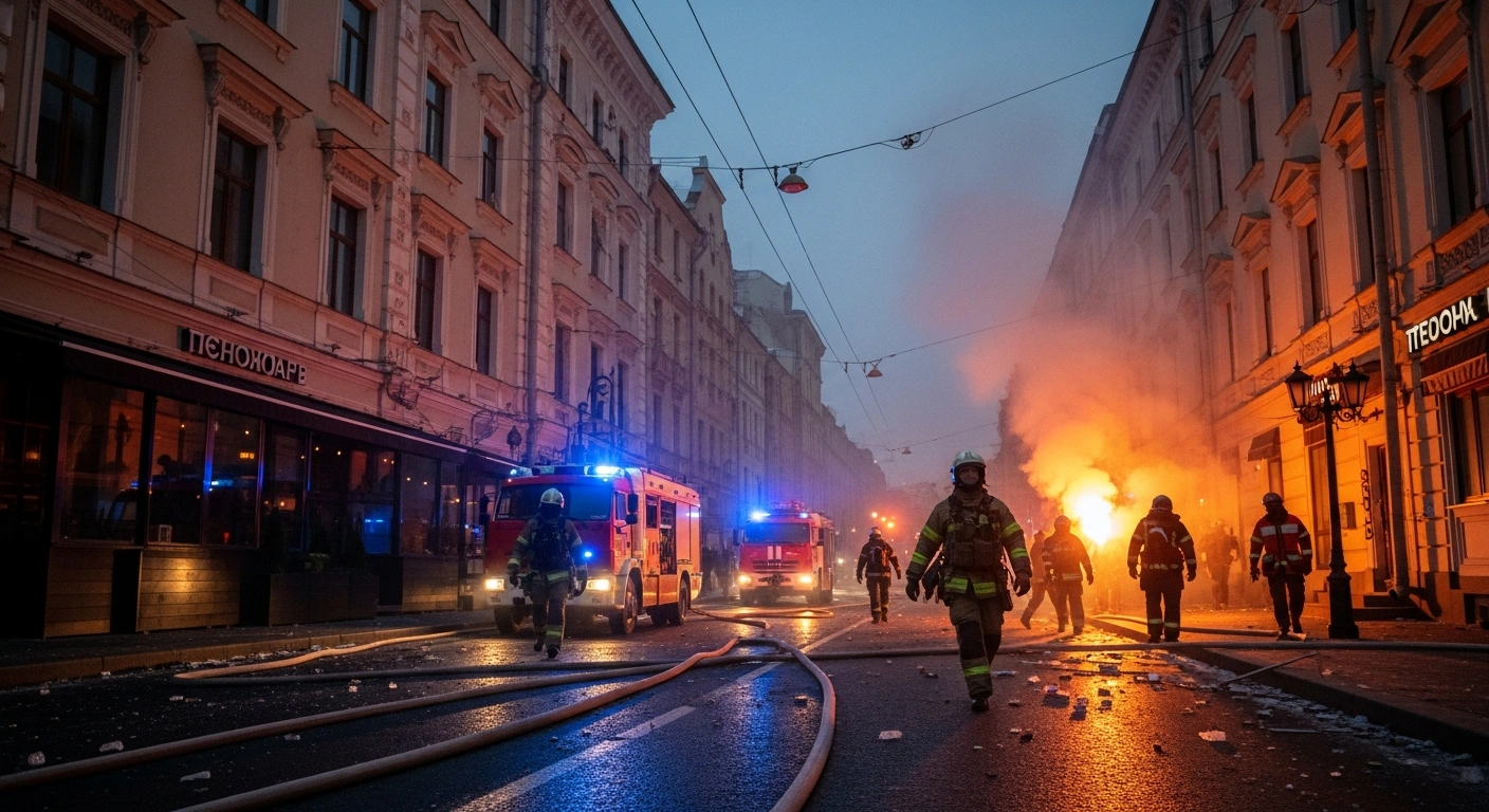 Emergency responders work at the scene of a fatal explosion at a restaurant in central Moscow.