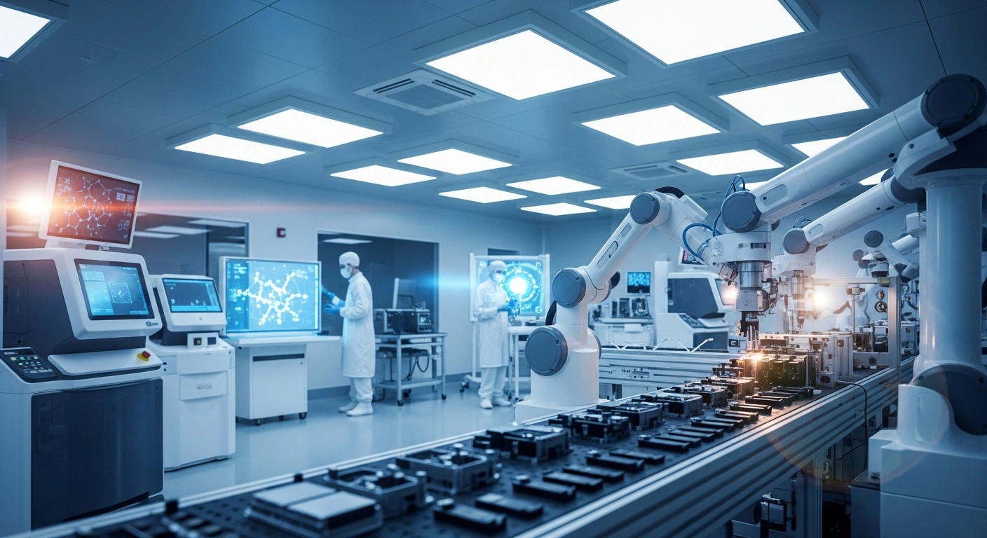 A wide, low-angle shot of a futuristic manufacturing floor shows robotic arms assembling electronic components, a scientist examining a nanotechnology display, and advanced medical equipment, symbolizing the significant growth in export deliveries from high-tech enterprises in the Moscow Technopolis Special Economic Zone in the first half of 2025.