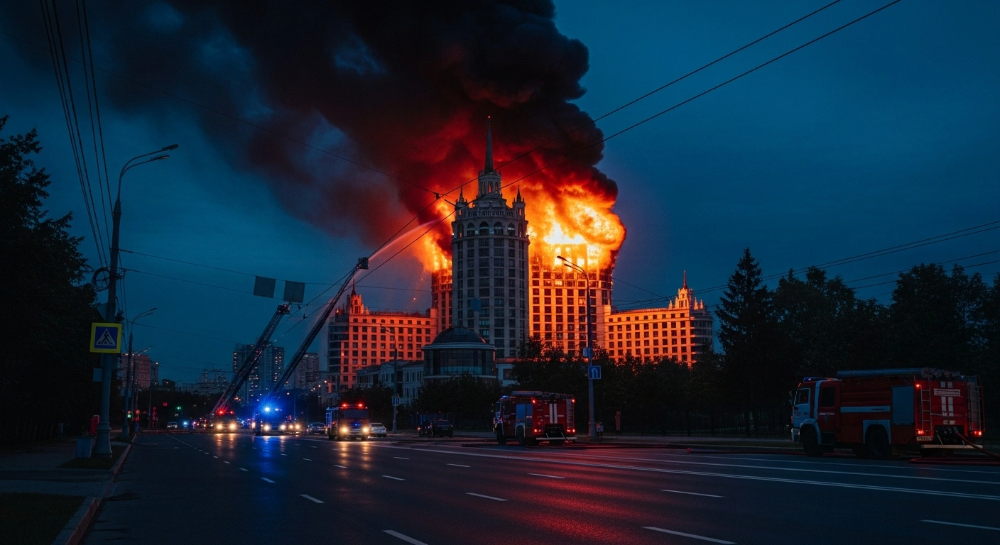Emergency services work to extinguish a large fire at a tourist complex in Moscow during the early morning hours.