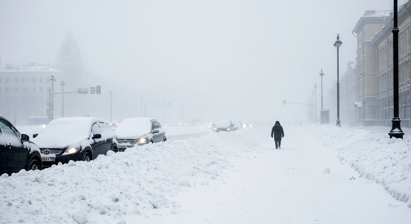 A wide, low-angle shot of a major Moscow street covered in record-breaking snowfall, with towering snowdrifts, buried vehicles, and a lone figure trudging through the deep snow under a heavily overcast sky, depicting widespread disruptions from a severe winter storm and plummeting temperatures.