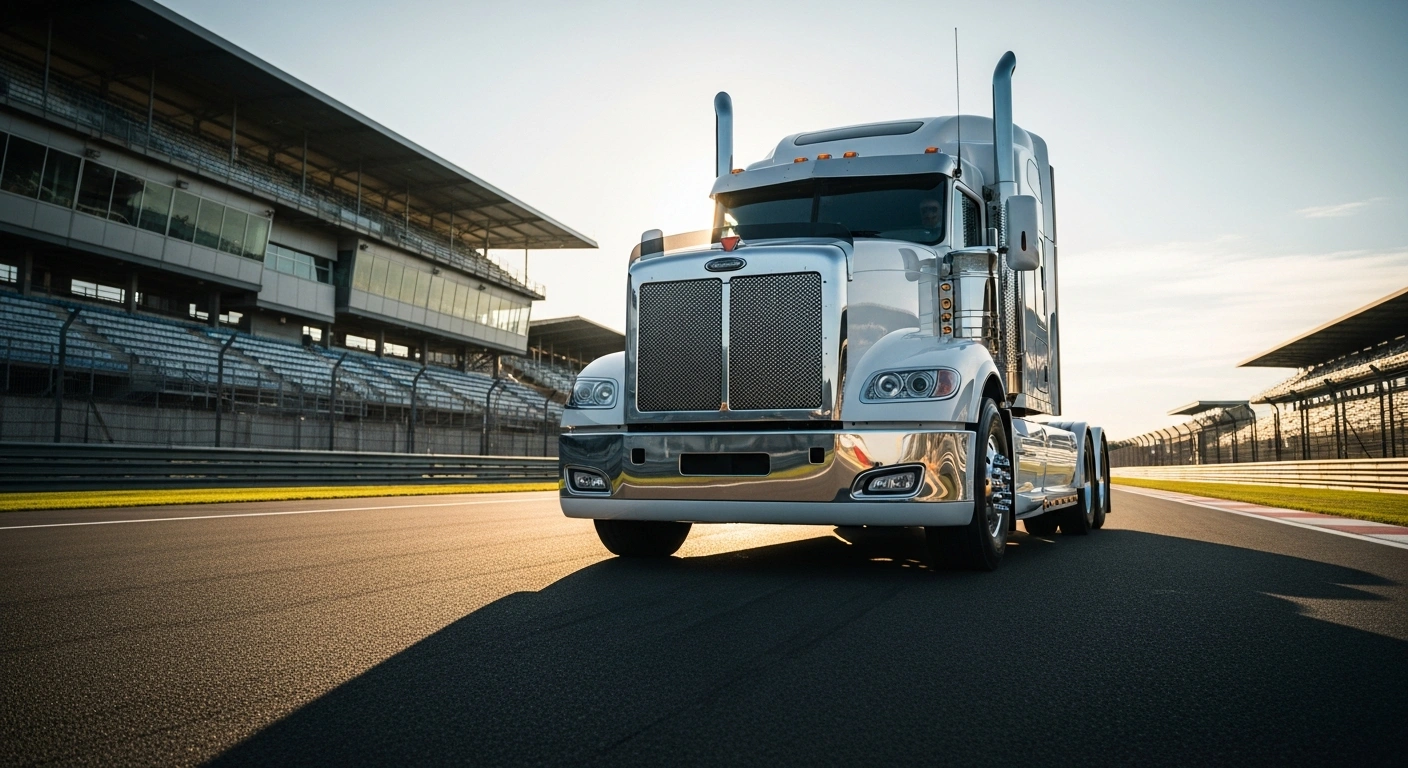 A custom MAN truck parked on the Le Mans Bugatti circuit during the 24 Heures Camions event for the most beautiful truck competition.