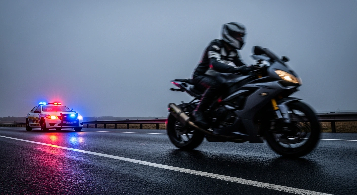 A police vehicle with flashing lights pulls over a speeding motorcyclist on the Monaro Highway in Canberra.