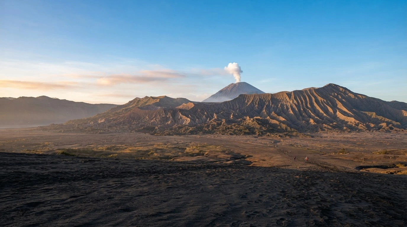 The volcanic landscape of Mount Bromo in Bromo Tengger Semeru National Park is shown at sunrise following the reopening of the area to tourists.