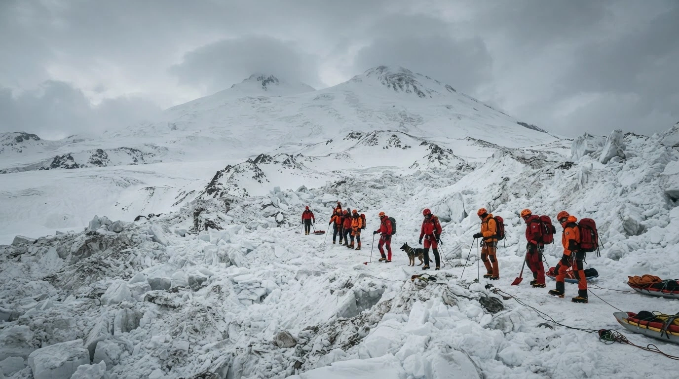 Rescue workers search for survivors in the snow-covered slopes of Mount Elbrus in the Kabardino-Balkaria region following a fatal avalanche.