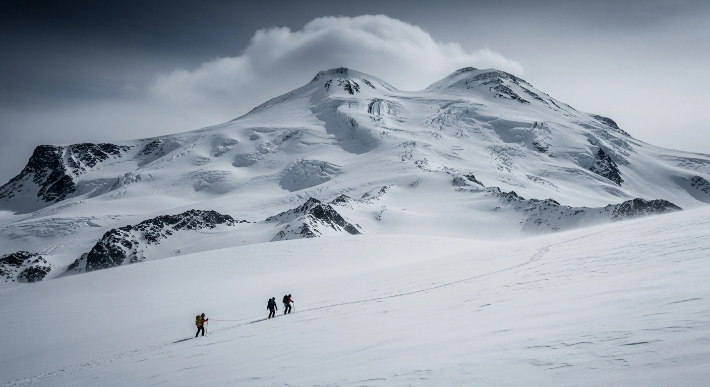 A rescue team searches for five missing Bosnian climbers on the snowy slopes of Mount Elbrus during a severe weather event.