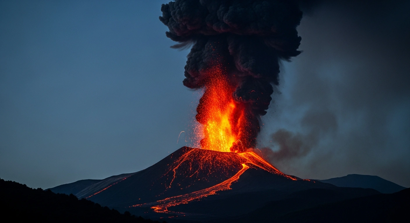 A dramatic night shot of Mount Etna's Northeast Crater erupting on December 27, 2025, with powerful lava jets reaching hundreds of meters into the dark sky, illuminating a towering eruptive column and falling ash.