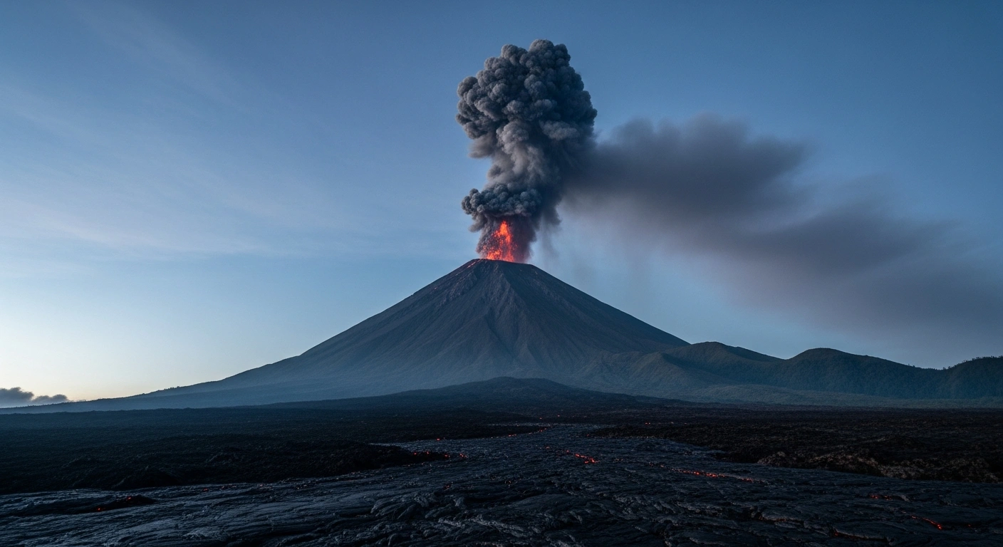 Mount Ibu on Halmahera Island releases a plume of volcanic ash into the sky during a period of ongoing volcanic activity.