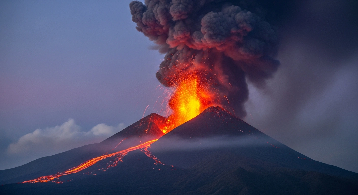 Mount Ile Lewotolok in Indonesia erupts dramatically at dawn, propelling molten lava 200 meters into the air and emitting a massive ash plume, signifying its Alert Level III status and the three-kilometer exclusion zone.