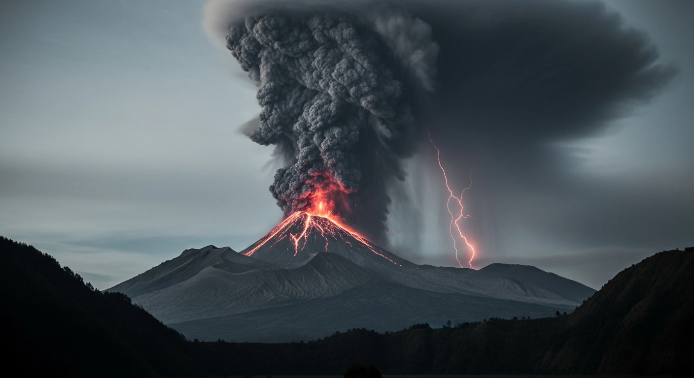 Mount Lewotobi Laki-Laki erupts in Indonesia, sending a massive column of volcanic ash into the sky above the East Flores region.