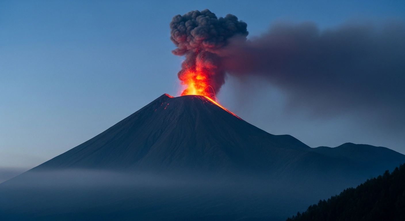 Mount Lewotolok in Indonesia erupts with a large plume of ash and volcanic gas under a twilight sky.