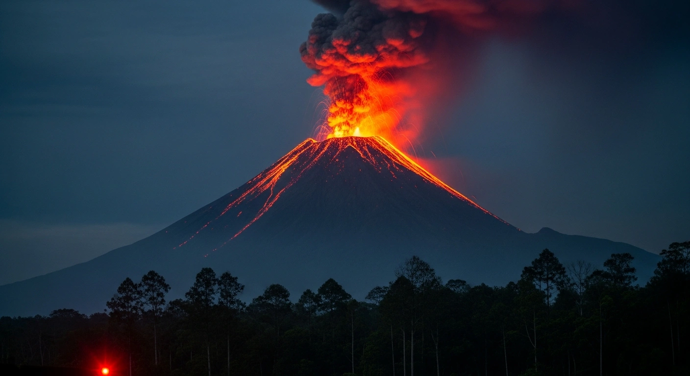 Mount Marapi in West Sumatra, Indonesia, erupts at night, sending a fiery plume of ash and molten rock from Verbeek Crater into a dark sky, with a subtle red emergency light in the foreground indicating a Level II alert and a 3-kilometer exclusion zone.