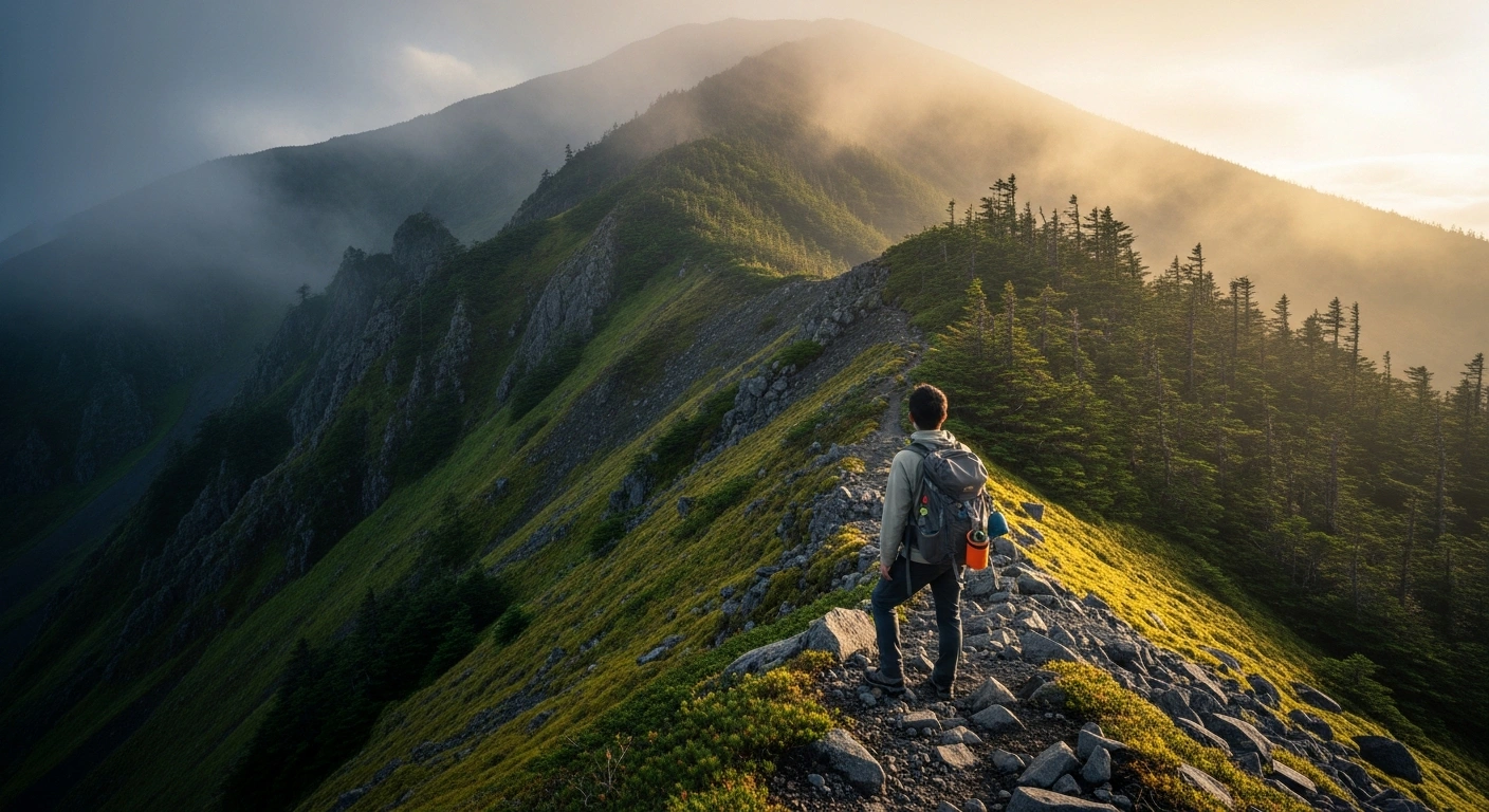 A hiker walks along a reopened trail on Mount Rausu in Hokkaido, Japan, while carrying bear deterrent equipment in the Shiretoko National Park.