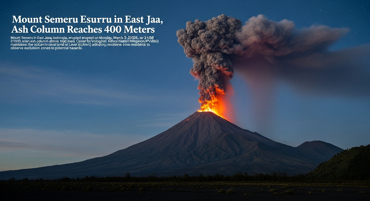 A wide, low-angle shot of Mount Semeru erupting at night, with a colossal ash column illuminated by the volcano's glow and moonlight, rising above its peak in East Java, Indonesia, following its recent eruption and Level III alert.