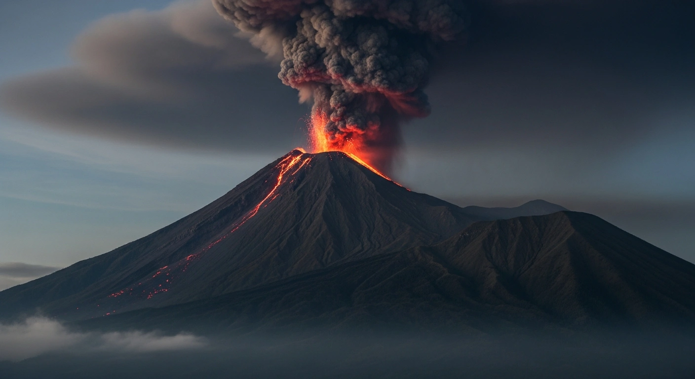 Mount Semeru in Indonesia erupts with a large plume of ash and smoke during a period of high volcanic activity.