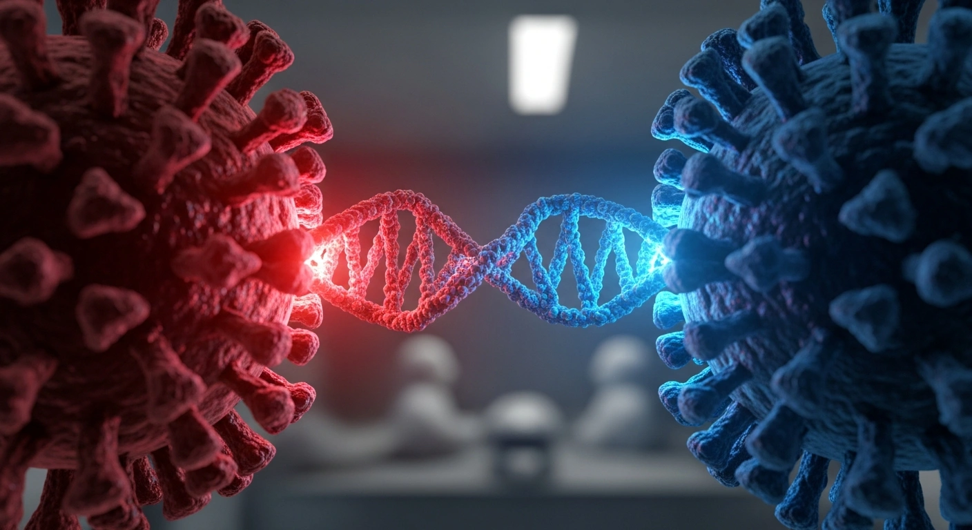 A photorealistic, extreme close-up image depicts a complex, bioluminescent viral structure with intertwining crimson and electric blue genetic material, set against a blurred laboratory background, symbolizing the detection of a new recombinant mpox virus in England.