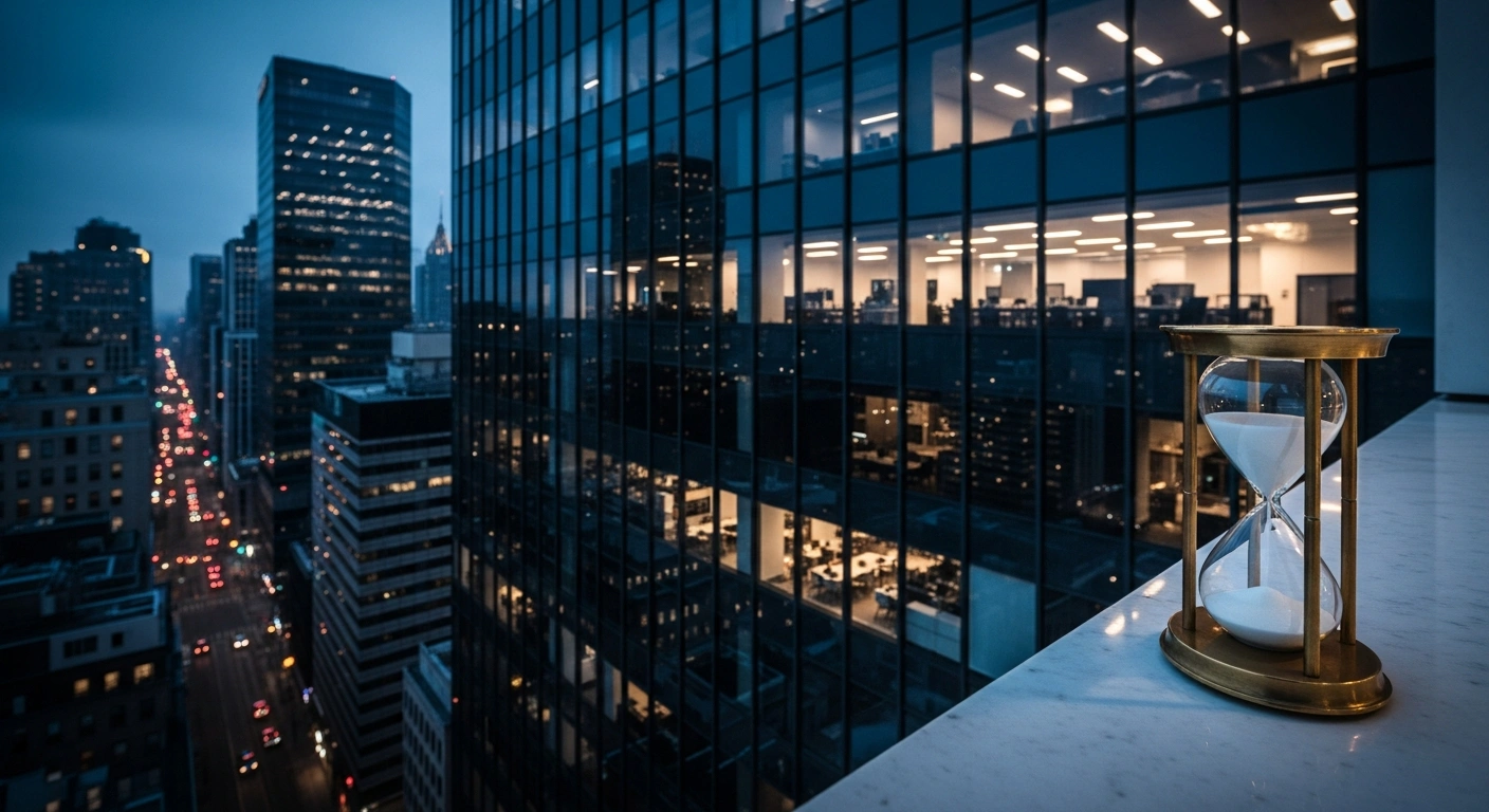 An hourglass sits on a ledge overlooking a financial district to represent the postponement of the MSCI review of Indonesian equities.