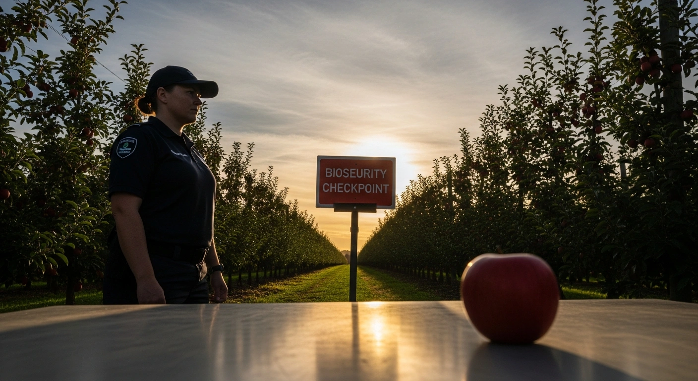 A Biosecurity New Zealand officer stands guard at a checkpoint in Mt Roskill, Auckland, inspecting fruit, symbolizing the new restrictions implemented after the detection of a Queensland fruit fly to protect the vital horticulture industry.