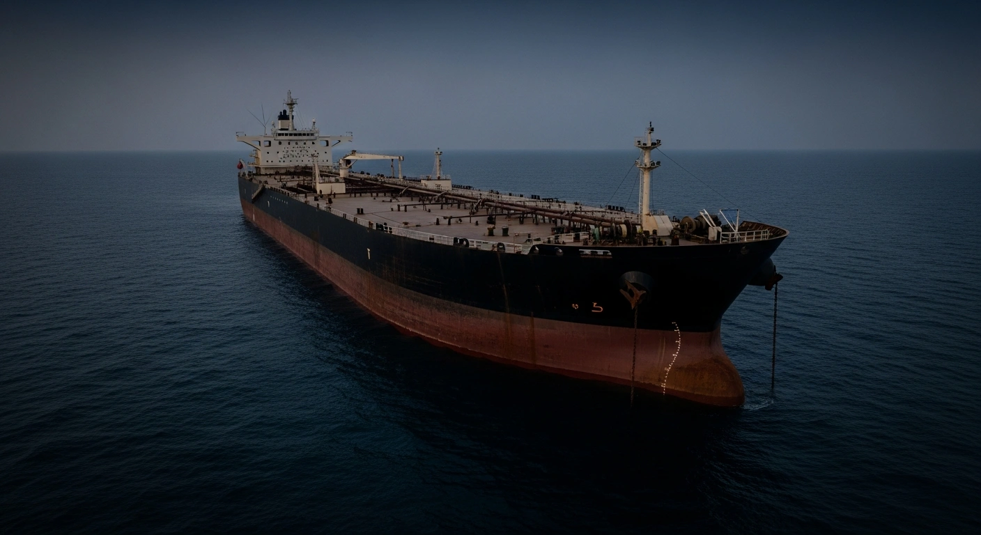A large oil tanker floats on the dark ocean near the coast of Oman following a maritime attack that resulted in the deaths of three Indian seafarers.